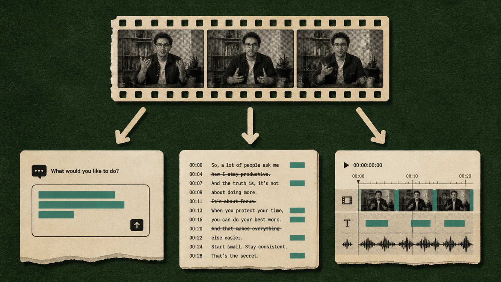 AI video editing workflow showing prompt-based editing, transcript editing, and AI-assisted timeline editing.