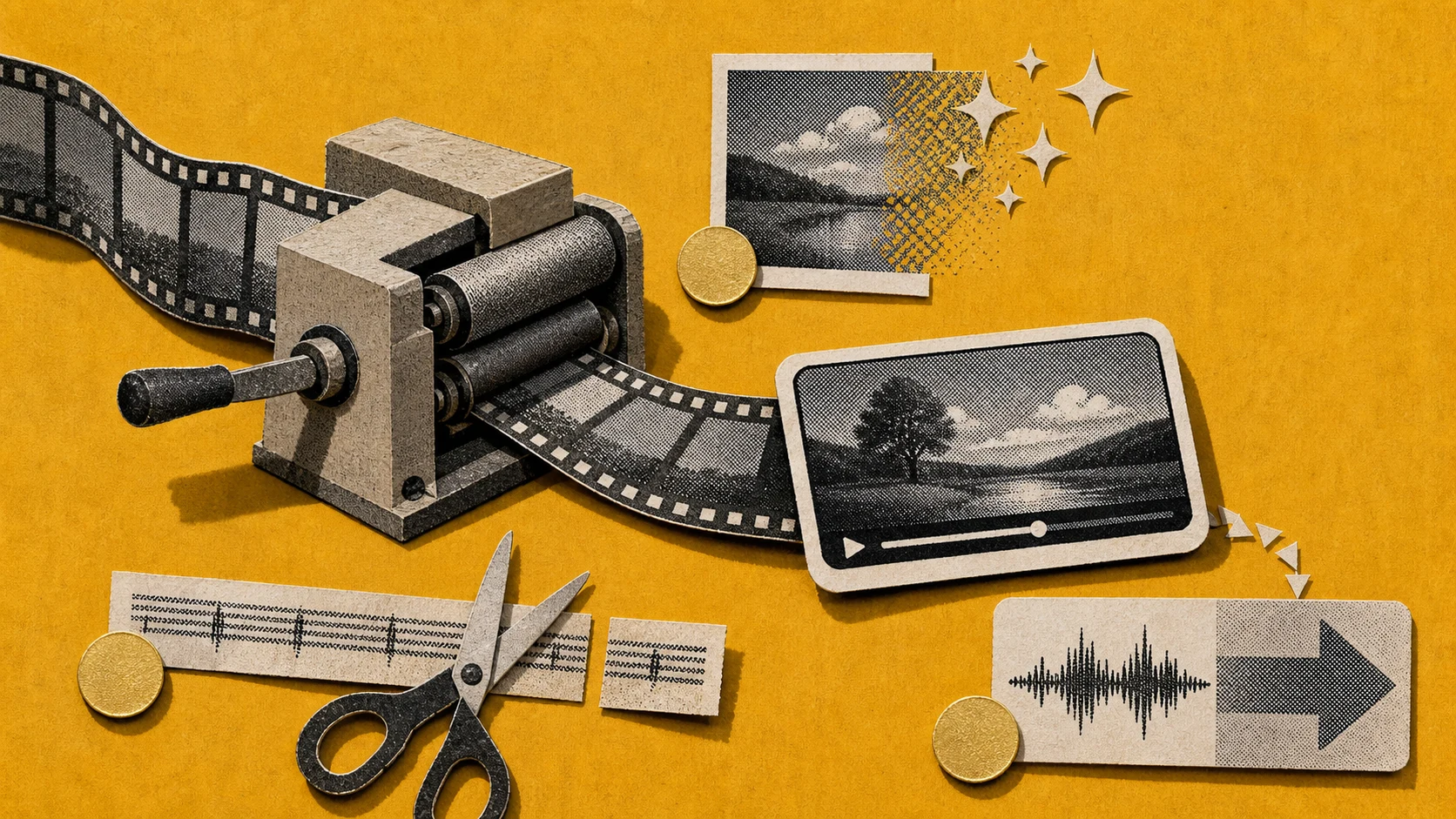 A paper video-production chain passing through generation, editing, captions, sound, and export checkpoints.