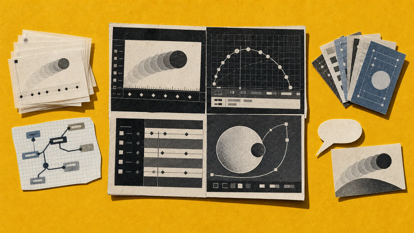 Four paper workstations representing layers, nodes, templates, and a conversational AI workflow.