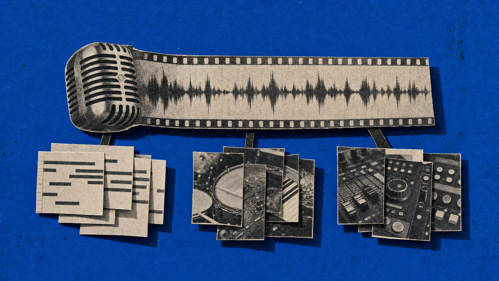 A performance reel branching into three organized stacks of vertical clip cards with lyric bars, instrument details, and studio controls.