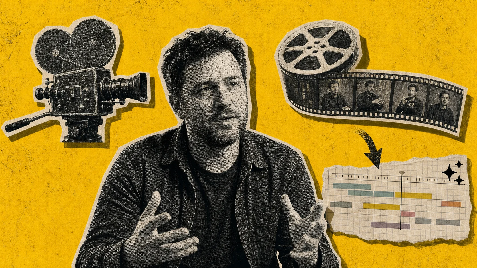 A human founder recorded on camera while an AI-assisted editing timeline processes the footage afterward