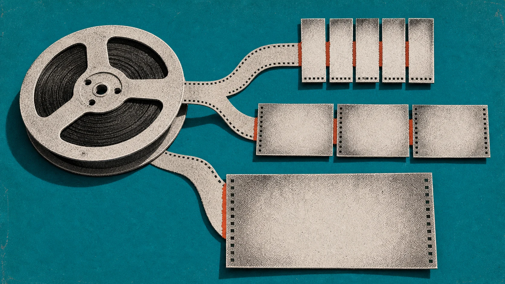 One large source reel branching into a cluster of five small cards, three medium cards, and one large card.